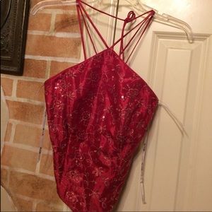 Red sequined halter top lace up tie in back